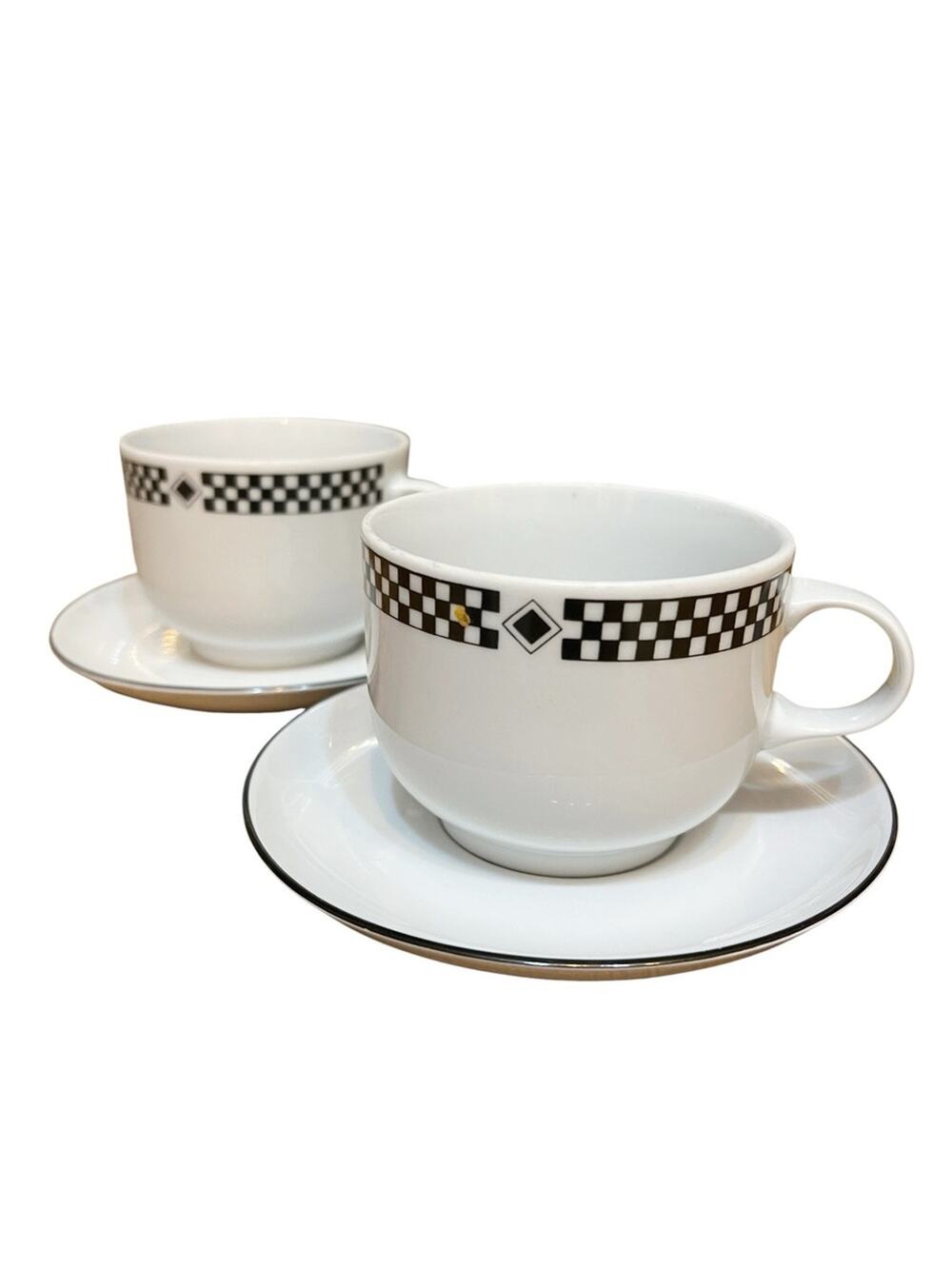 Vintage Set of White Porcelain Cups & Saucers with Black Checkered Band